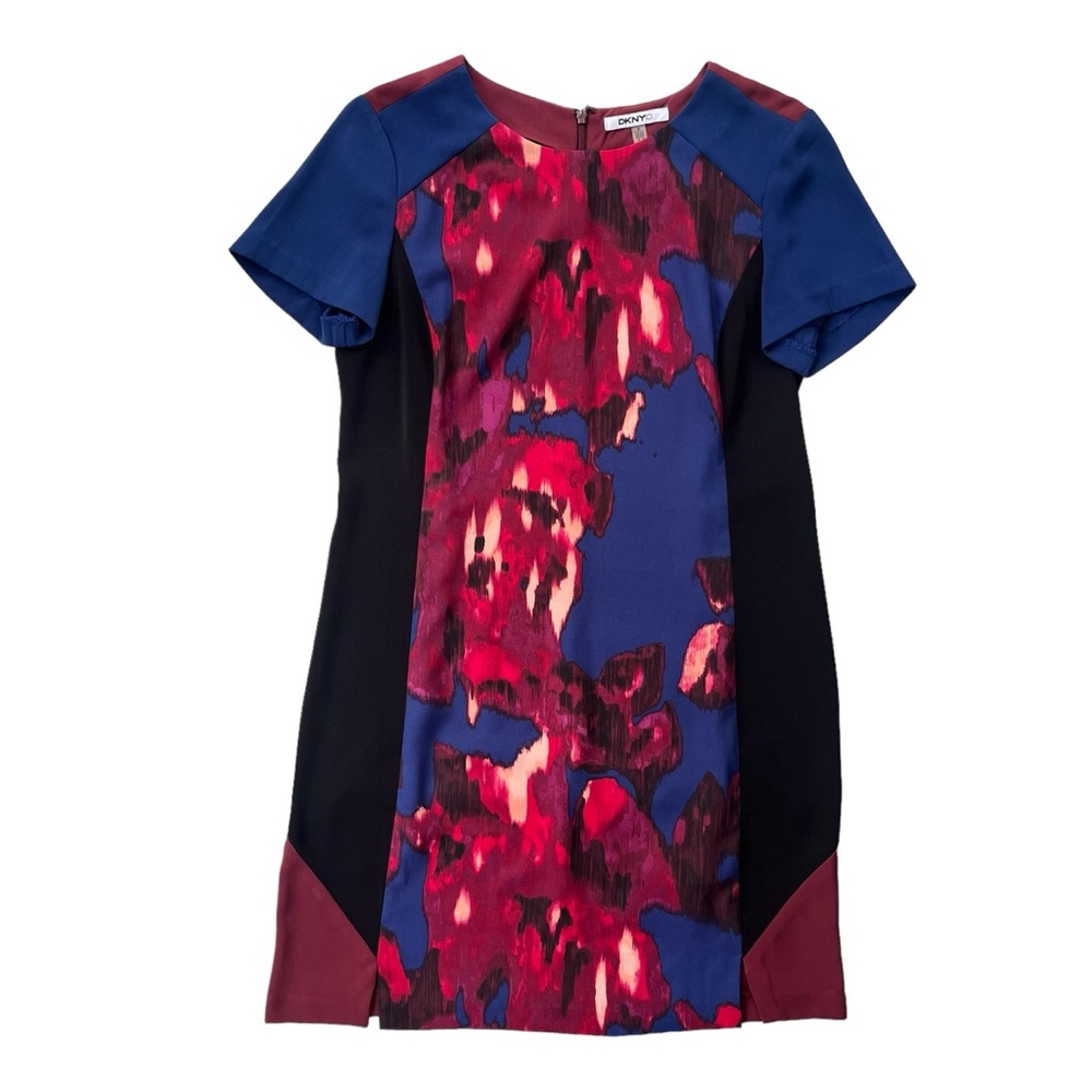 DKNYC Women’s Small Maroon Navy Black Colorblock Floral Short Sleeve Shift Dress
